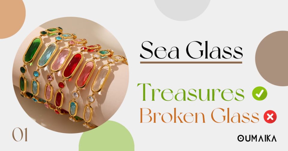 Sea glass bracelets arranged on sandy beach with ocean background