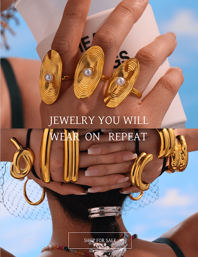 Model wearing stainless steel rings under a blue sky with the text "Jewelry You WILL Wear ON REPEAT"