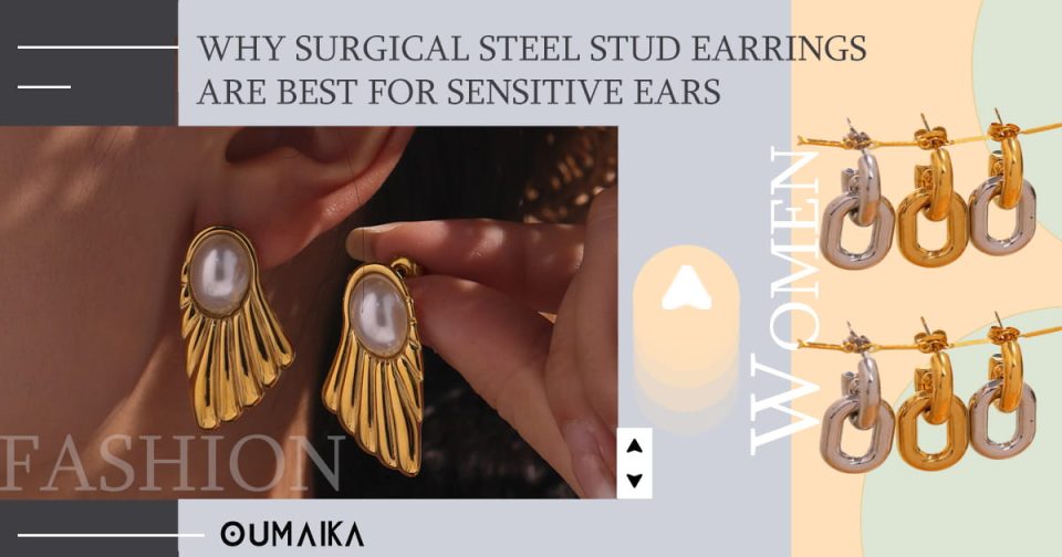 Minimalist woman wearing hypoallergenic surgical steel stud earrings with soft glow – perfect for sensitive ears by Oumaika Jewelry.