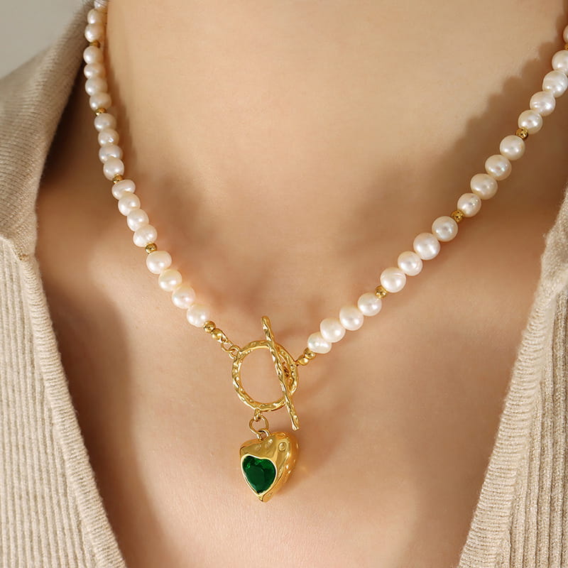 Green CZ Heart Freshwater Pearl Necklace with Gold OT Clasp – Product Specs