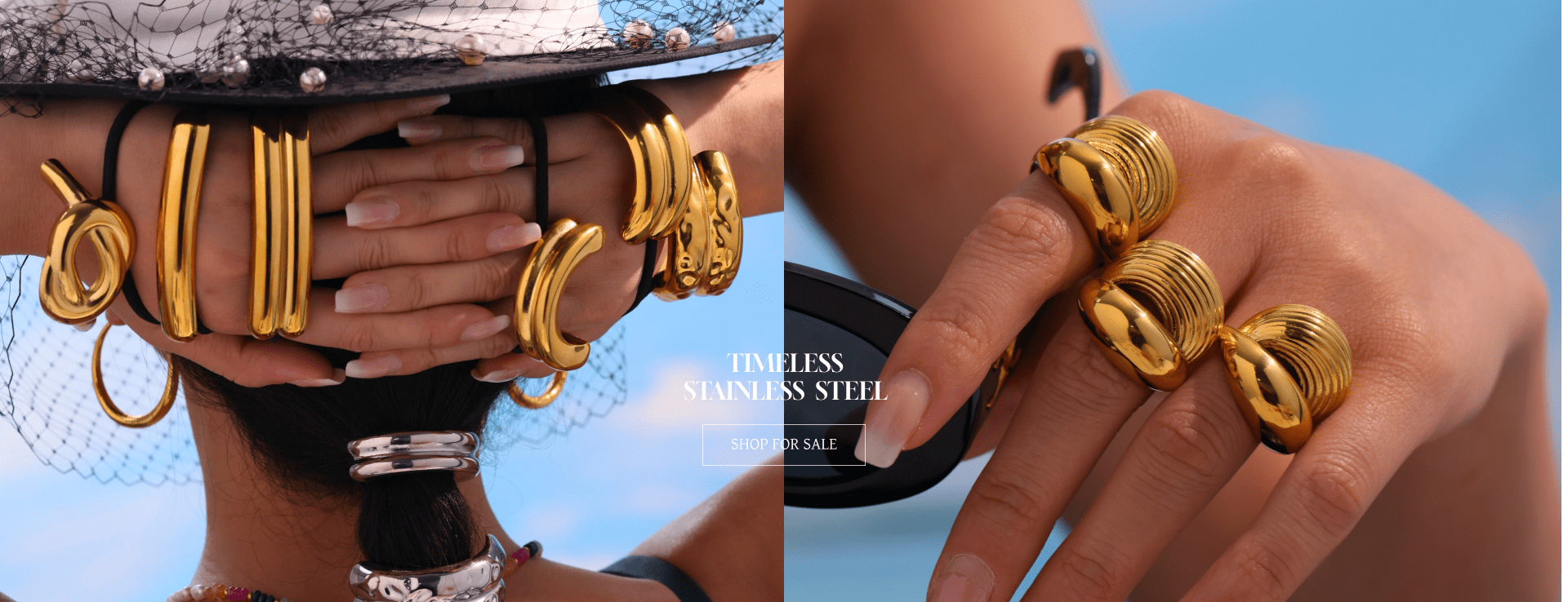 Model wearing bold gold stainless steel rings and bangles against a summer sky, showcasing Oumaika Jewelry's timeless statement pieces