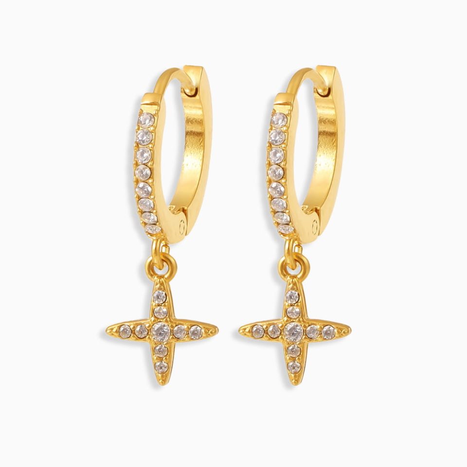 Tiny Cross Cubic Zirconia Hoop Earrings on White Background – Gold Stainless Steel