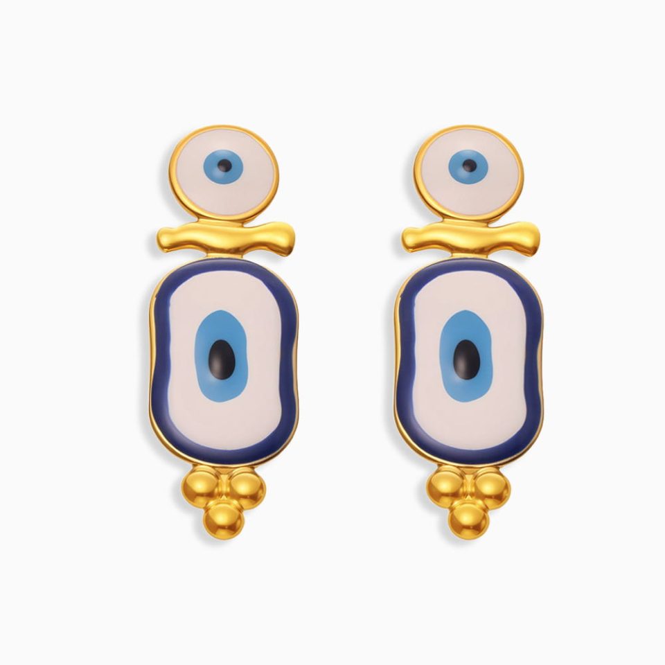 Turkish Blue Evil Eye Enamel Hoop Earrings in Gold – Stainless Steel Jewelry