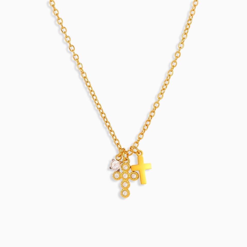 Trendy Layered Cross Cubic Zirconia Necklace in Gold Stainless Steel – Main Product Image