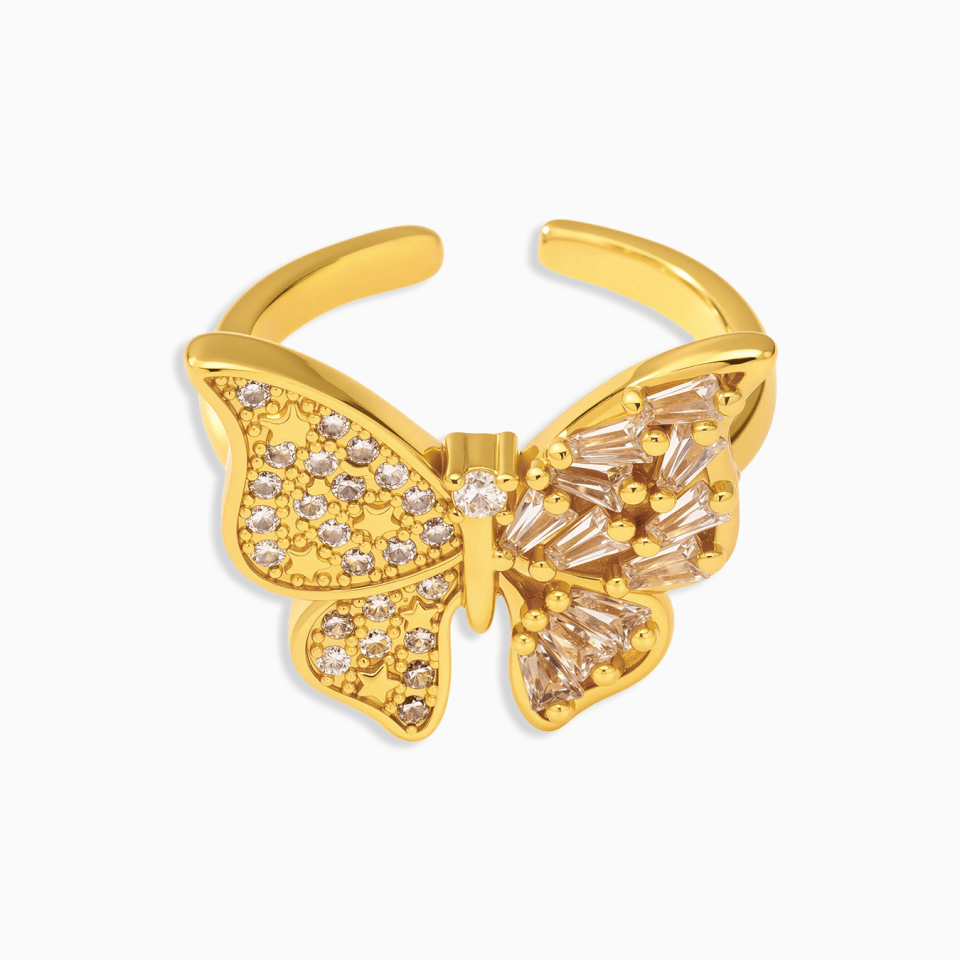 18K gold-plated butterfly open ring with cubic zirconia, displayed on a white background.