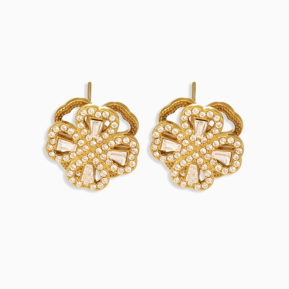 Sparkling Clover Cubic Zirconia Earrings Gold Color on White Background