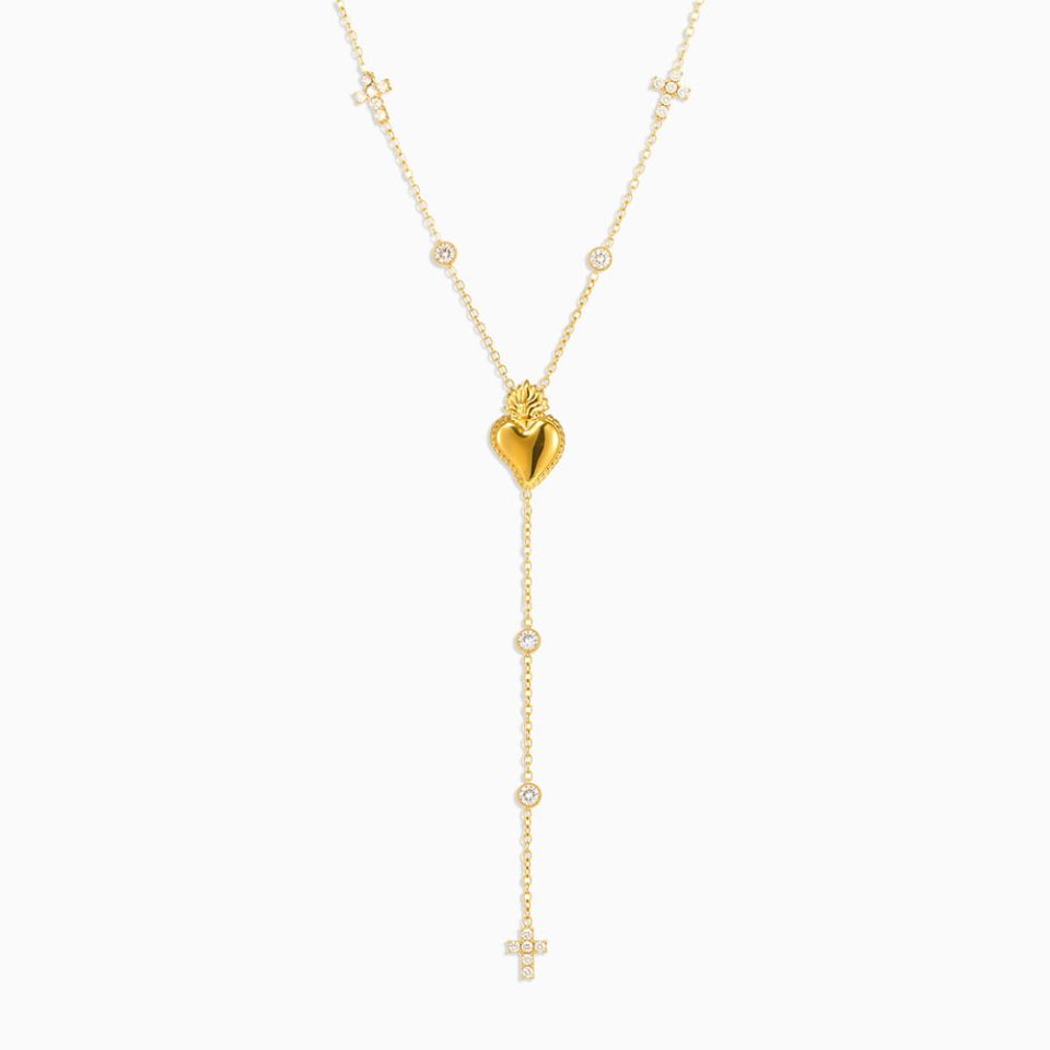 5A zircon cross and heart long necklace in 18K gold stainless steel displayed on white background