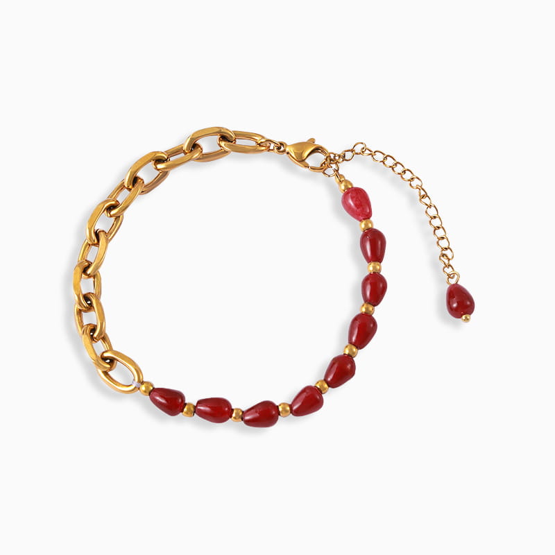 Red Agate & Garnet Beaded Bracelet in gold stainless steel with natural gemstones