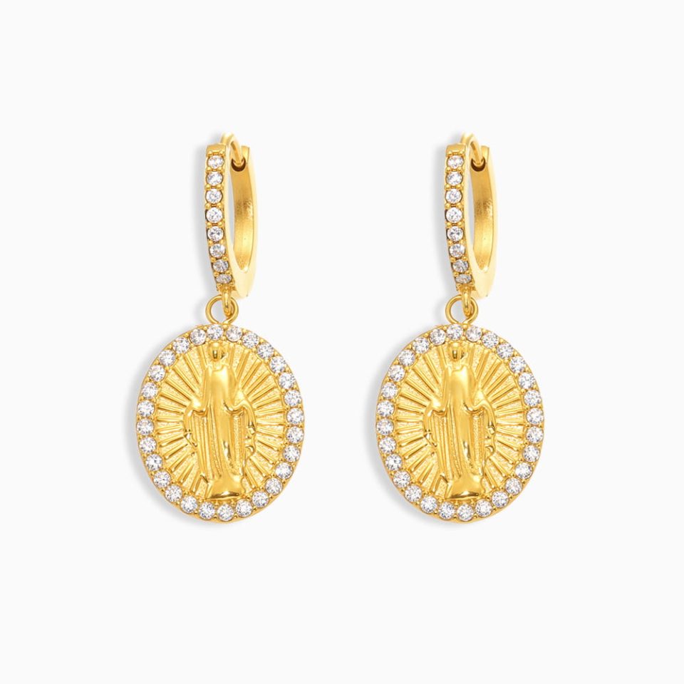 5A CZ Jesus Oval Hoop Earrings in Gold - Stainless Steel Jewelry Main Product Image