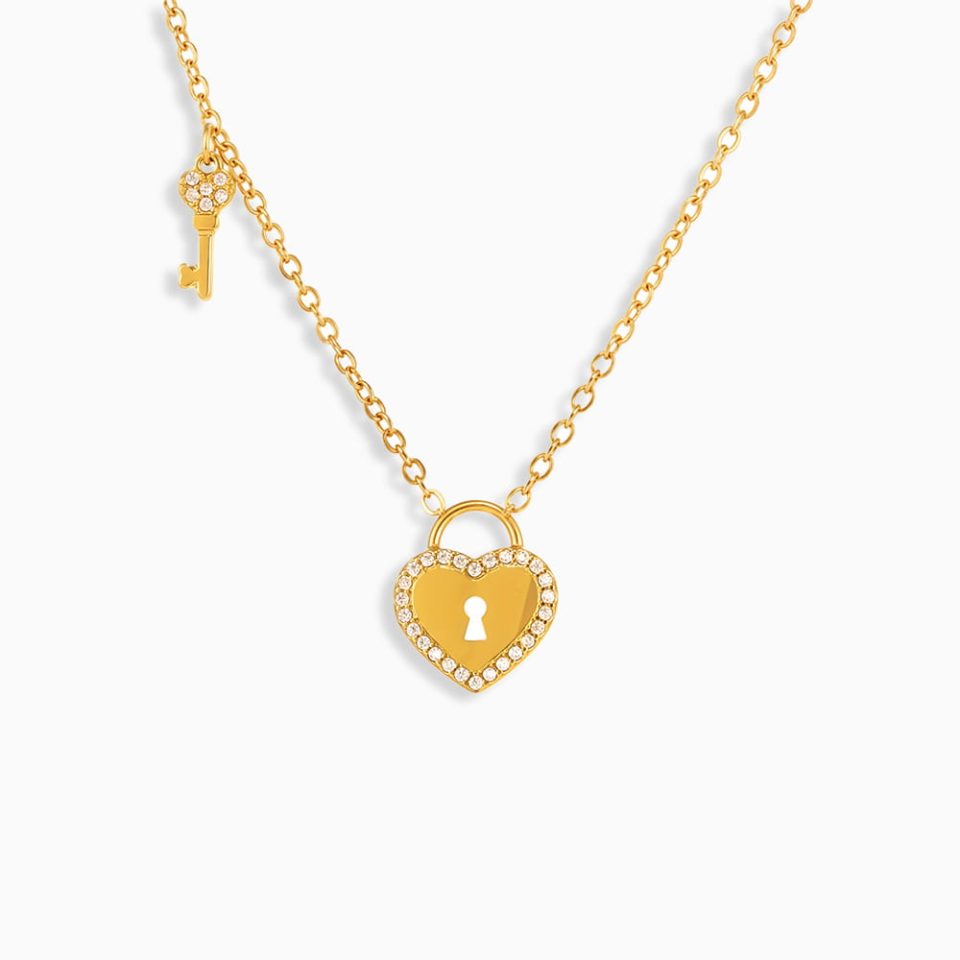 Gold Heart Lock and Key Pendant Necklace with 5A Cubic Zirconia on White Background