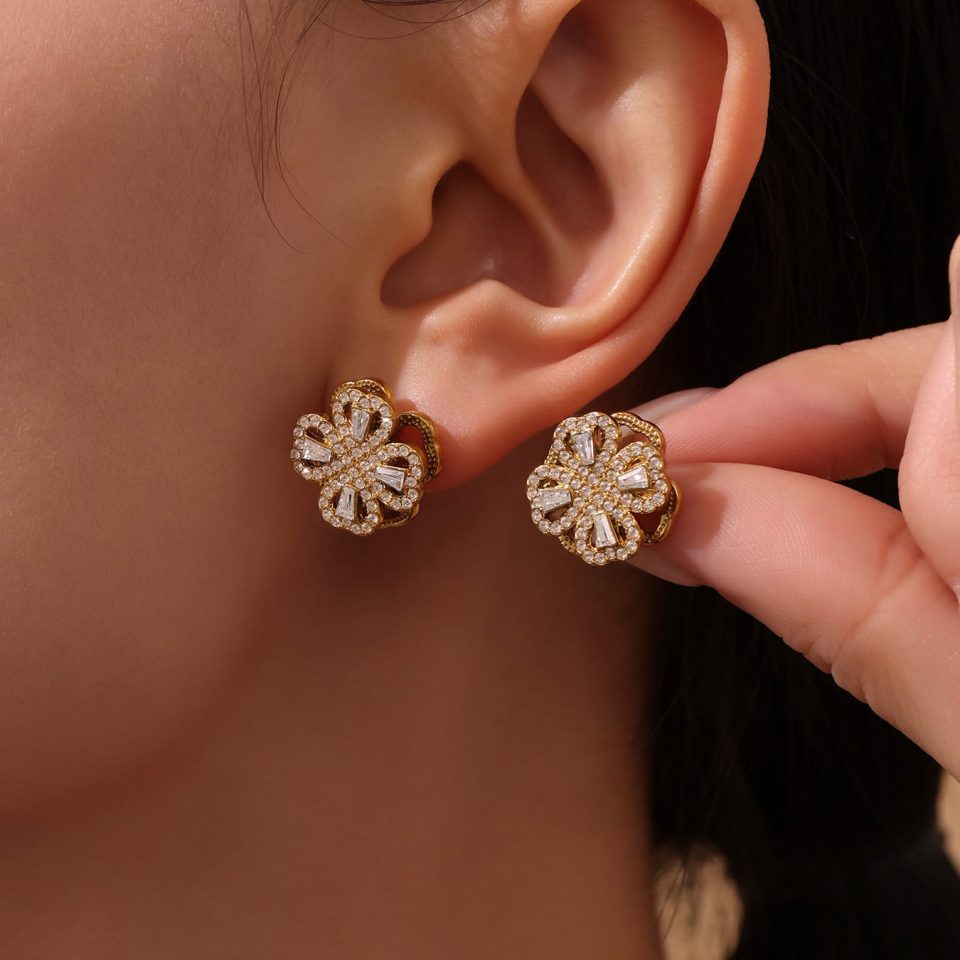 Model Wearing Sparkling Clover Cubic Zirconia Earrings Layered with Jewelry Set