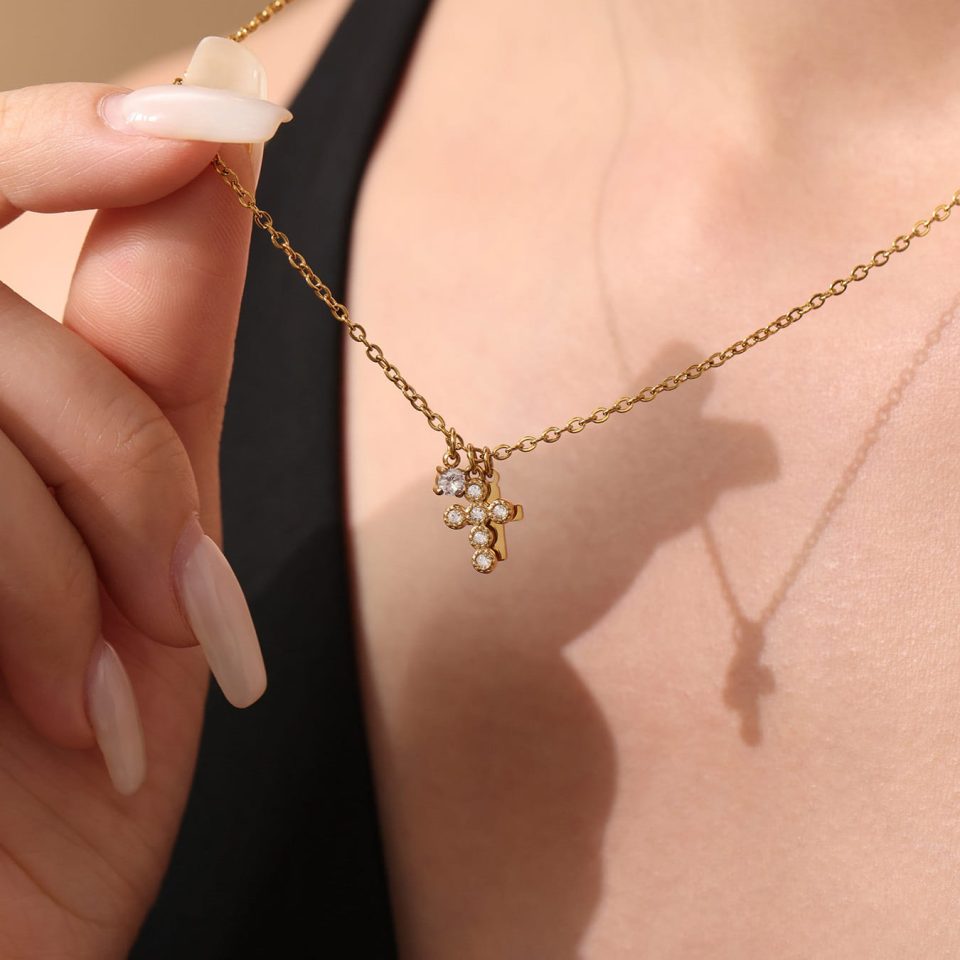 Model Wearing Gold Layered Cross Cubic Zirconia Necklace – Layered Styling Inspiration