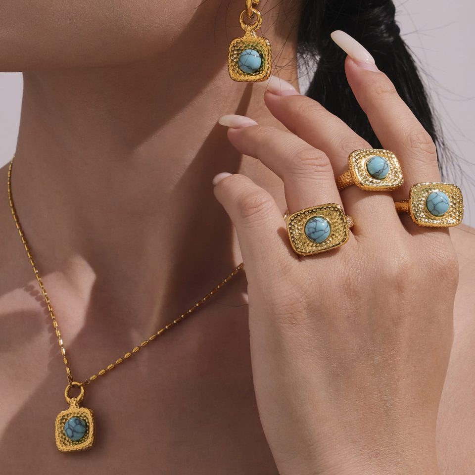 Detailed size and dimension image of gold turquoise square open ring, adjustable stainless steel jewelry