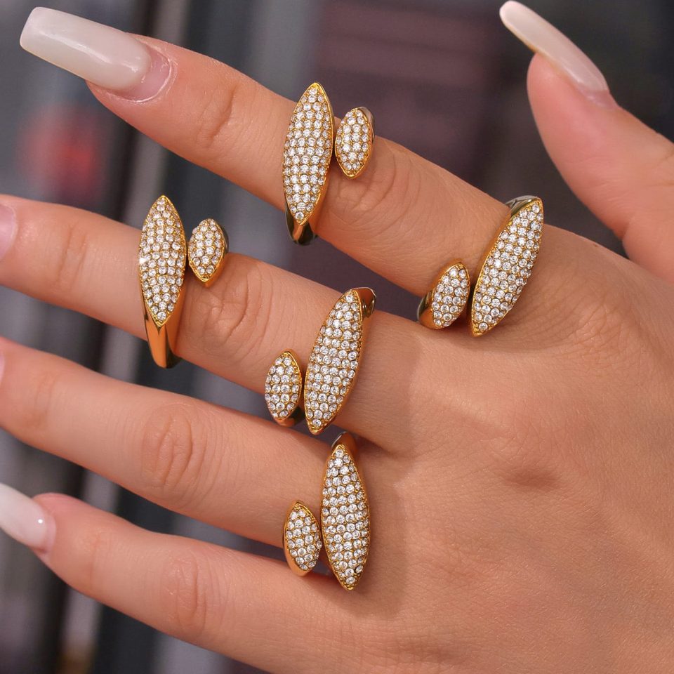 Model wearing gold CZ Open Ring made of stainless steel with 5A cubic zirconia