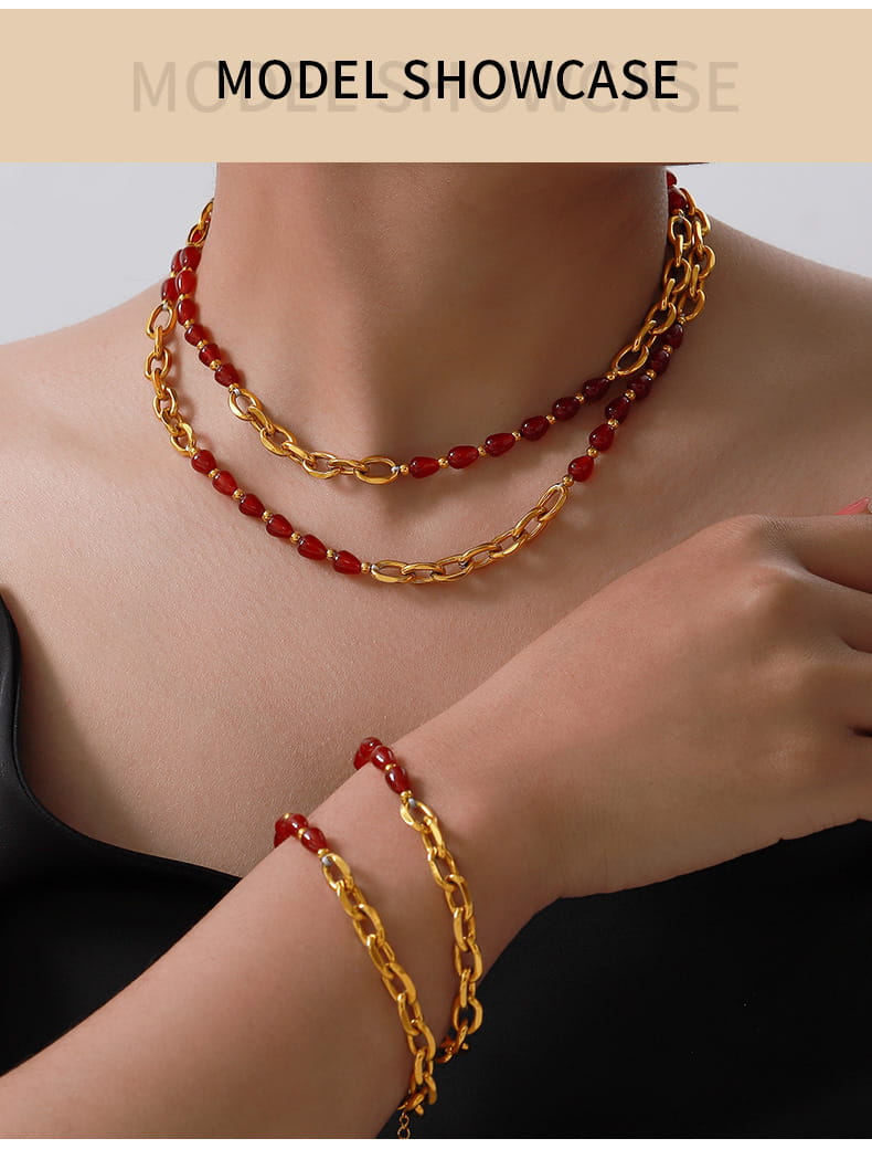 Model styling Red Agate & Garnet Beaded Bracelet with matching stainless steel necklace