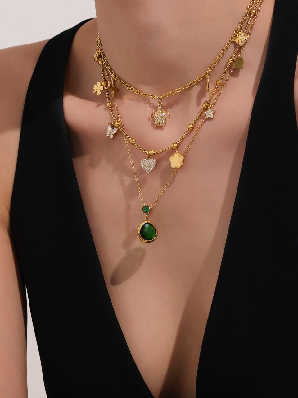 Model wearing gold green zircon necklace P017--