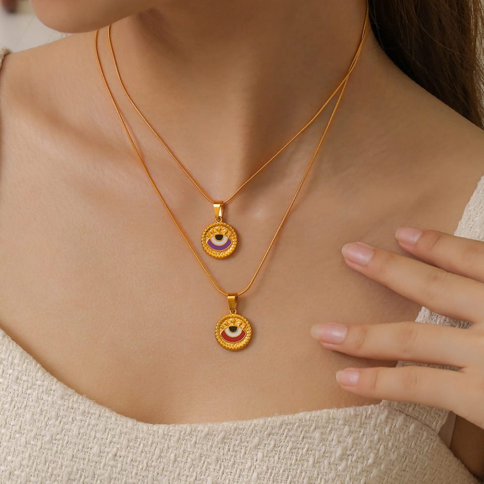 Model wearing the Evil Eye Pendant Necklace P1982