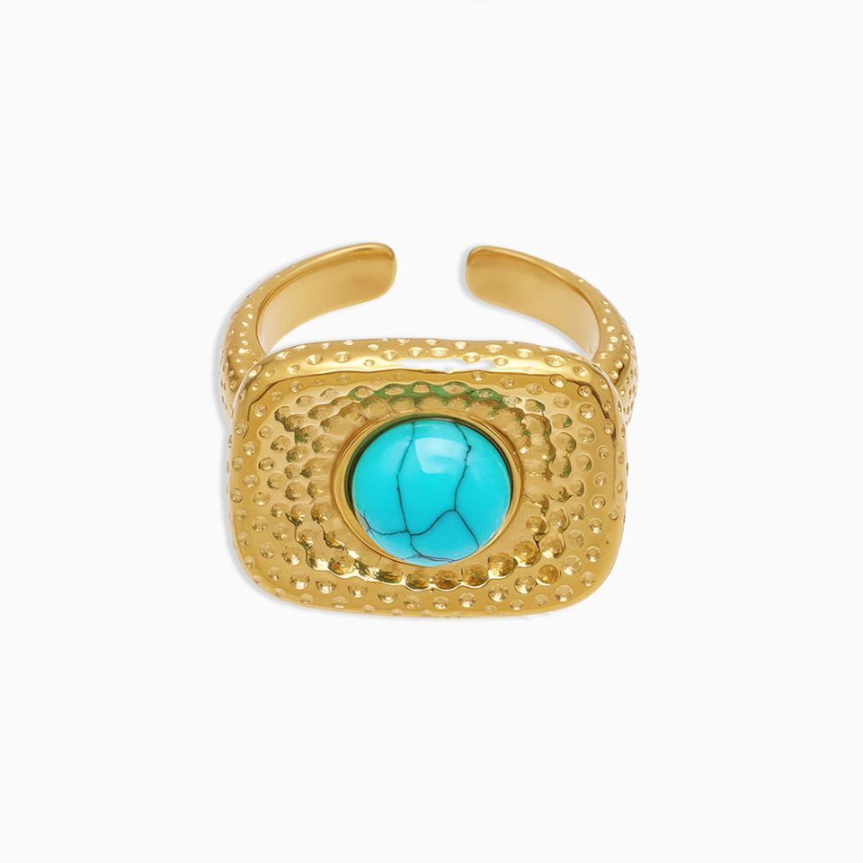Gold stainless steel turquoise square open ring on white background