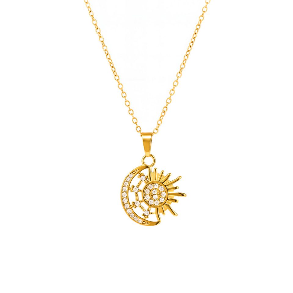 P2158 Gold Sun and Moon Zircon Necklace P2158
