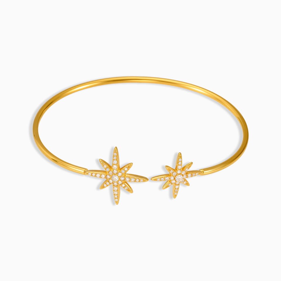 Woman wearing adjustable open cuff bracelet – waterproof stainless steel jewelry