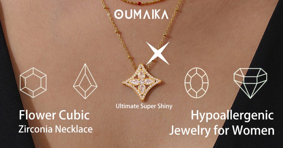 Hypoallergenic Flower Cubic Zirconia Necklace in gold stainless steel, super shiny jewelry for sensitive skin women