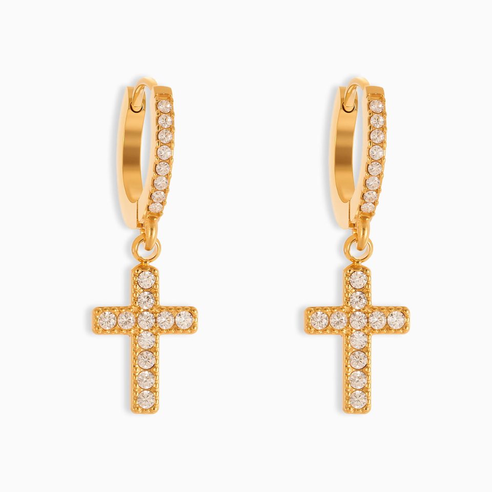 Diamond Cross Earrings in gold hoop with cubic zirconia pendant, waterproof stainless steel jewelry