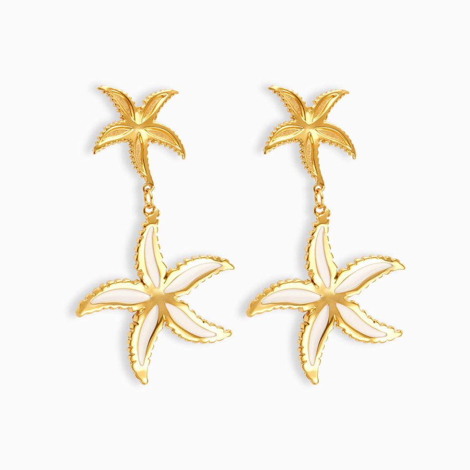 Gold Starfish Dangle Earrings Stainless Steel Jewelry White Background