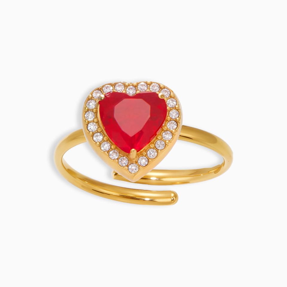 Red Heart Nugget Ring in Stainless Steel with Cubic Zirconia-18K Gold Plated,Size 7