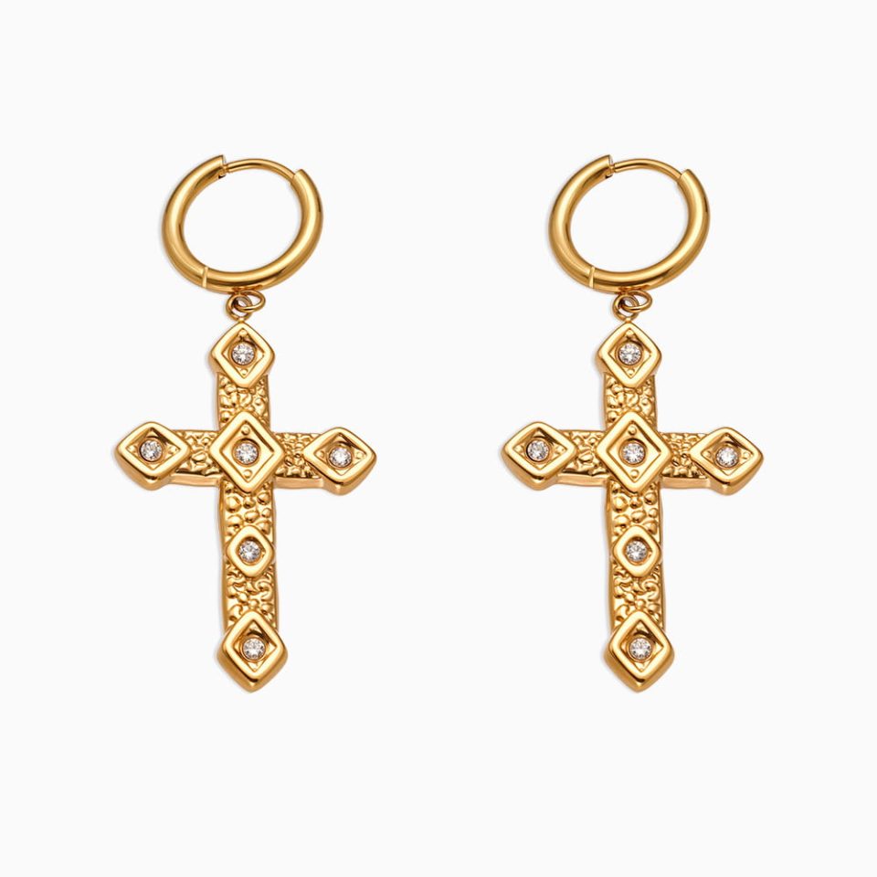 Gold cross inlaid with zircon earrings F514