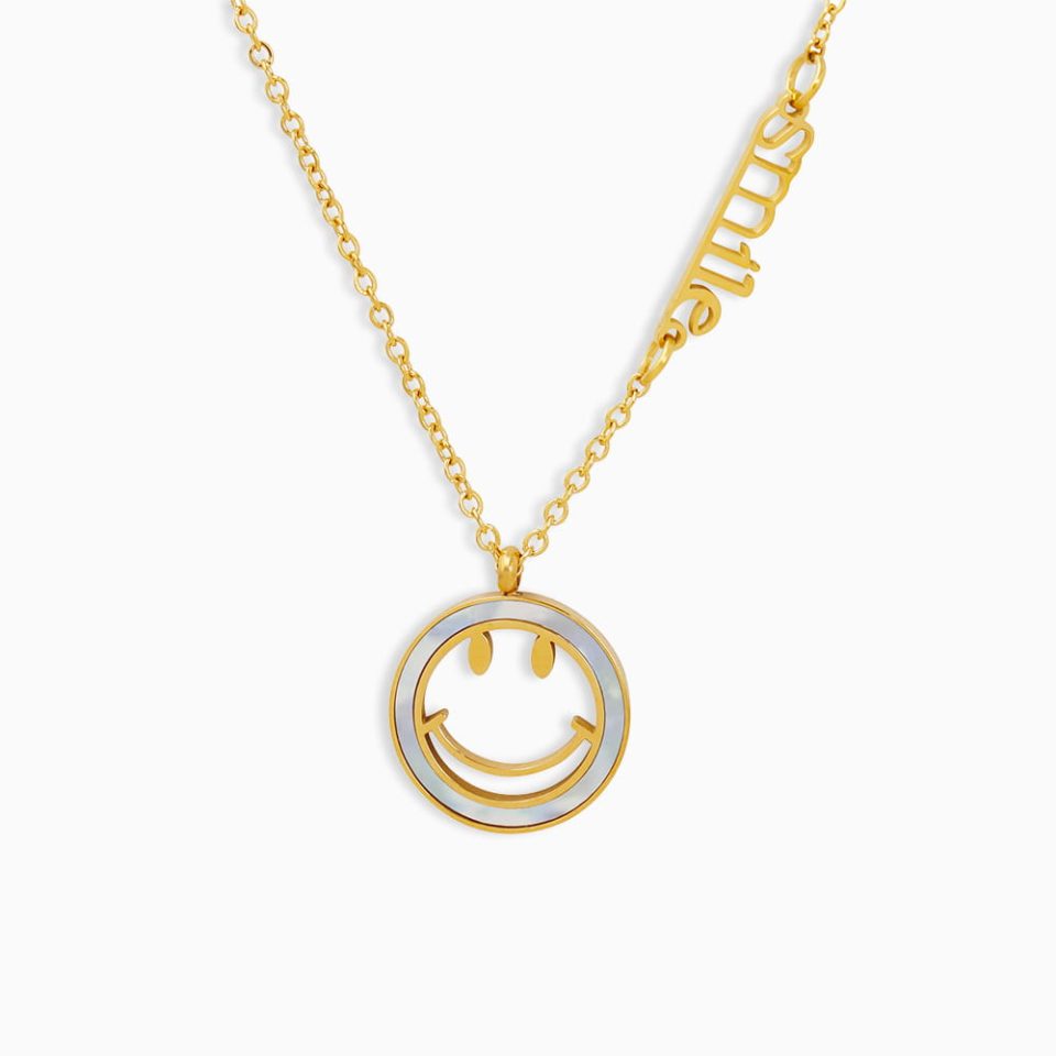 White Gold Initial Shell Smiley Necklace in stainless steel, minimalist jewelry for women