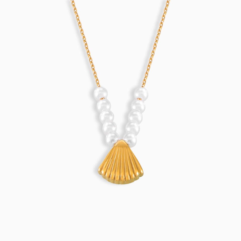 Gold Pearl Drop & Shell Necklace on White Background – French Design Jewelry for Women