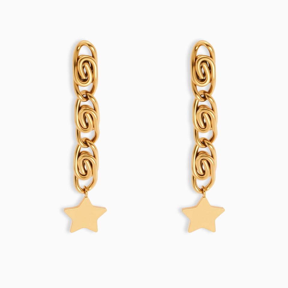 High-quality gold layered tassel earrings with minimalist star pendant on white background