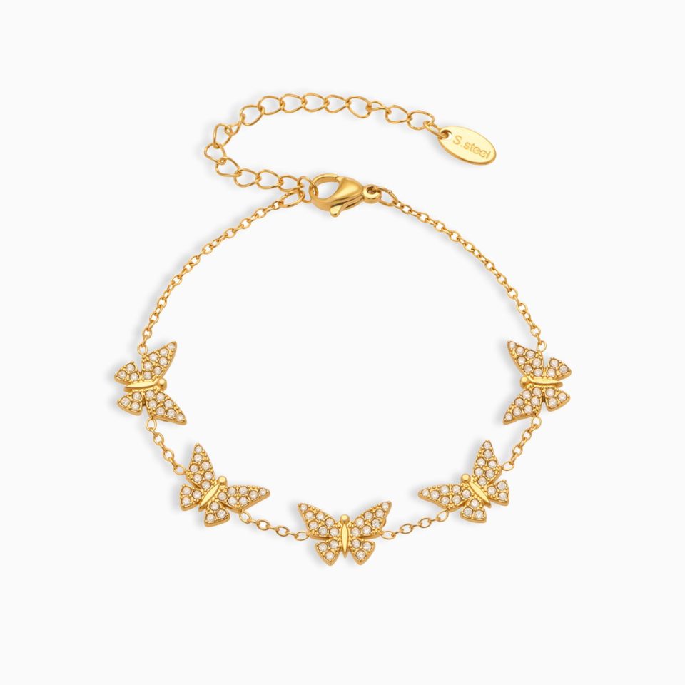 Multi-Butterfly Cubic Zirconia Bracelet in Gold Stainless Steel – Main Product Image
