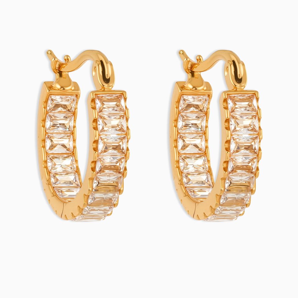 Sparkling Gold CZ Hoop Earrings on White Background