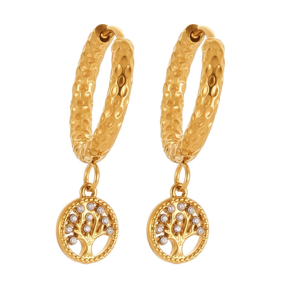 Tree of Life Earrings in gold with cubic zirconia, stainless steel round pendant