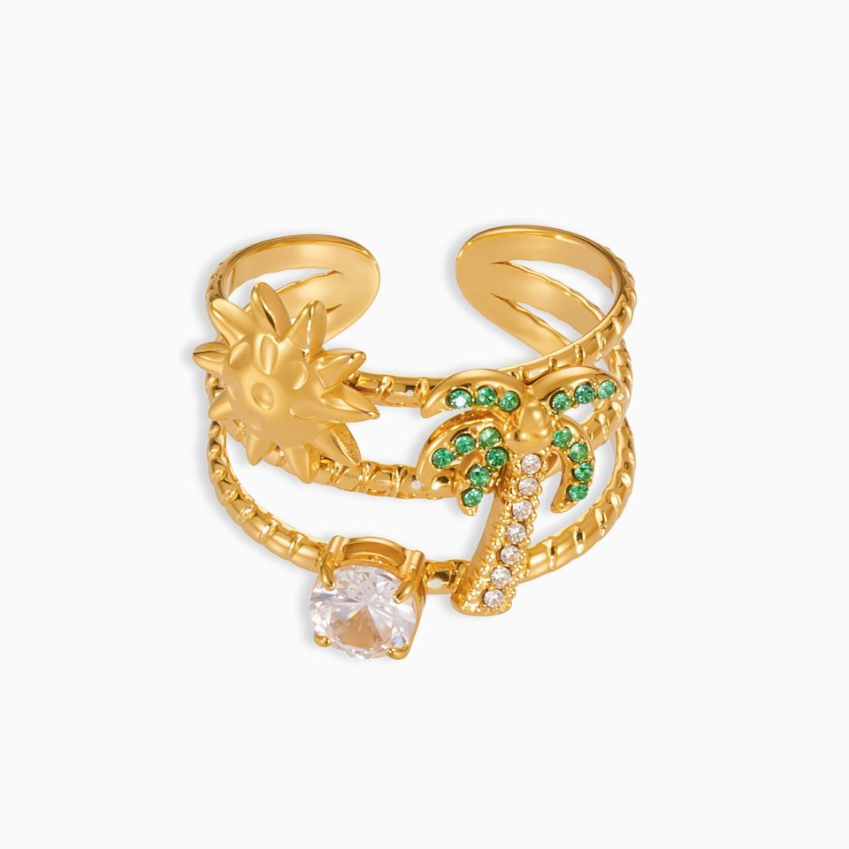 Gold 5A Zircon Coconut Tree Open Ring Stainless Steel Jewelry Main Image