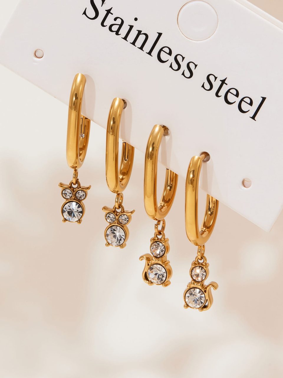 Sparkling Cat Zircon Earrings in Warm Toned Scene – Gold Stainless Steel Jewelry