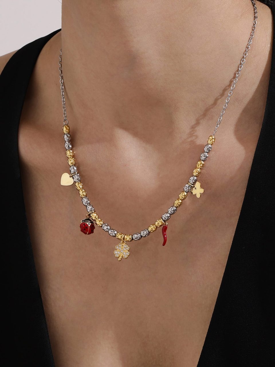 Model wearing a gold DIY zircon necklace TXP351--