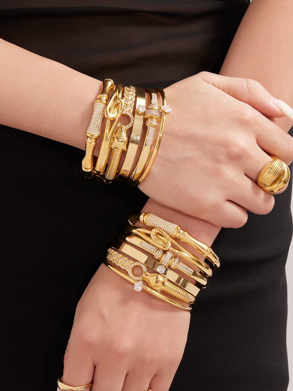 Z480 Gold White CZ Stacking Bangle Folded on Model Wrist | Custom Size Bangles | Stainless Steel Jewelry