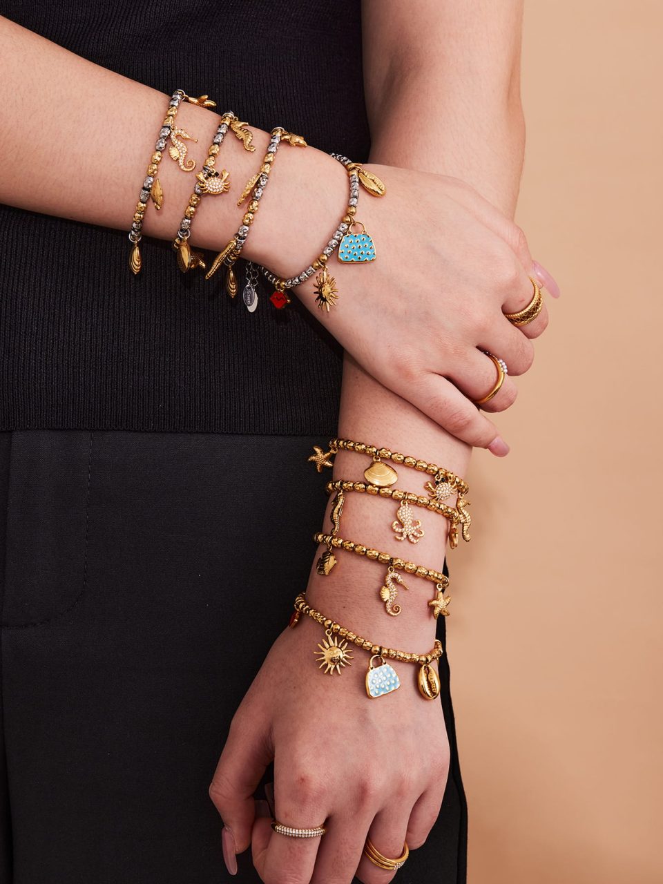 Model Wearing Gold Stainless Steel Bracelet 16+5cm with Cubic Zirconia