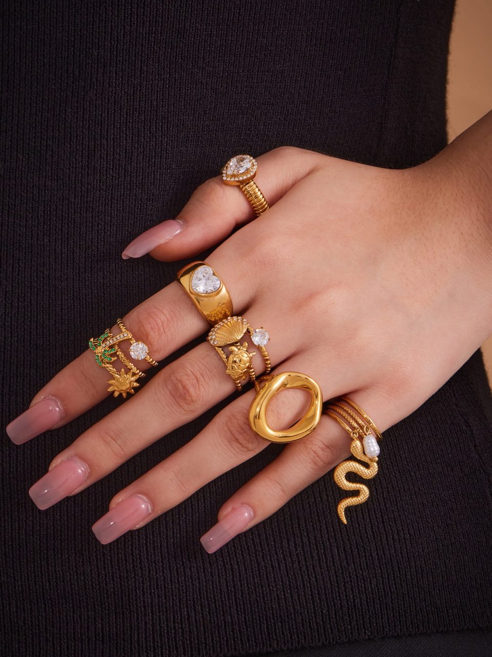 Gold 5A Zircon Coconut Tree Stainless Steel Open Ring with Ring Stack