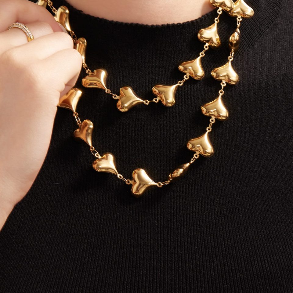 Gold Heart Locket Necklace | Polished Hollow Pendant in 18K Gold Worn by Model