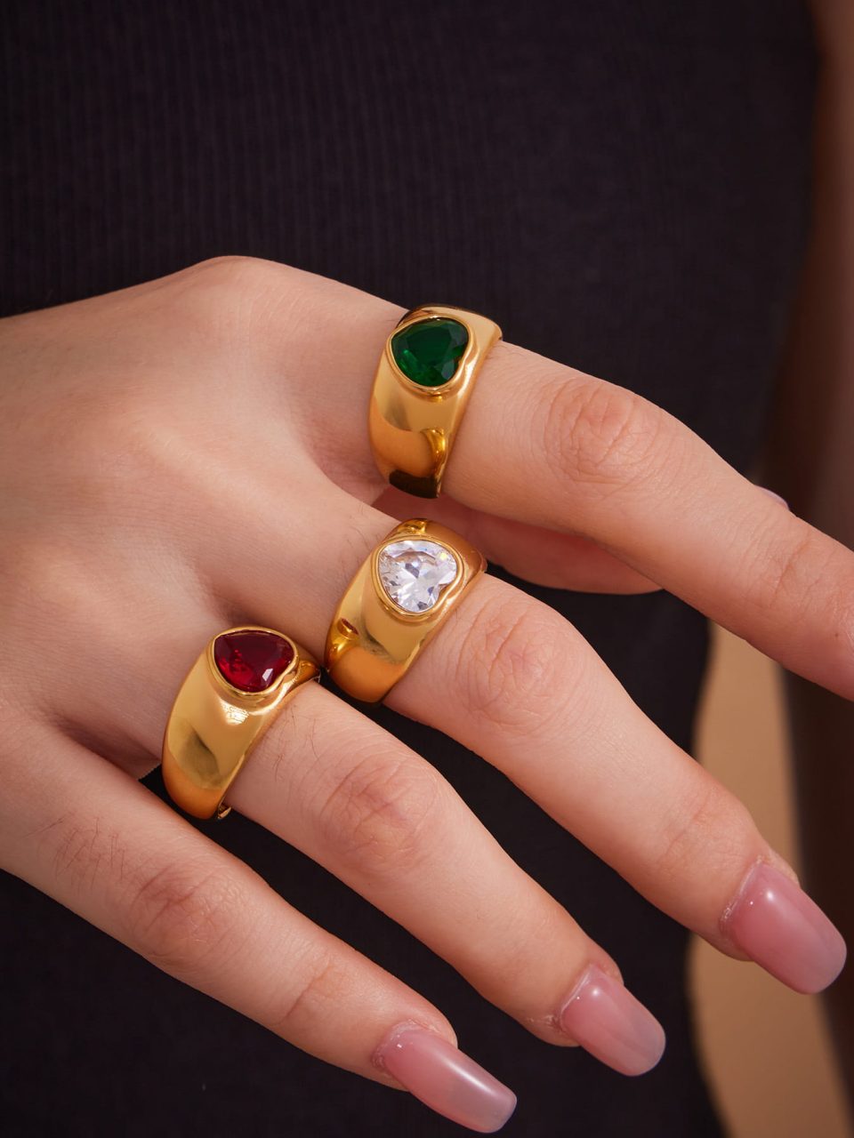 Model wearing Adjustable Gold Red Heart Zircon Open Ring – Stainless Steel Jewelry