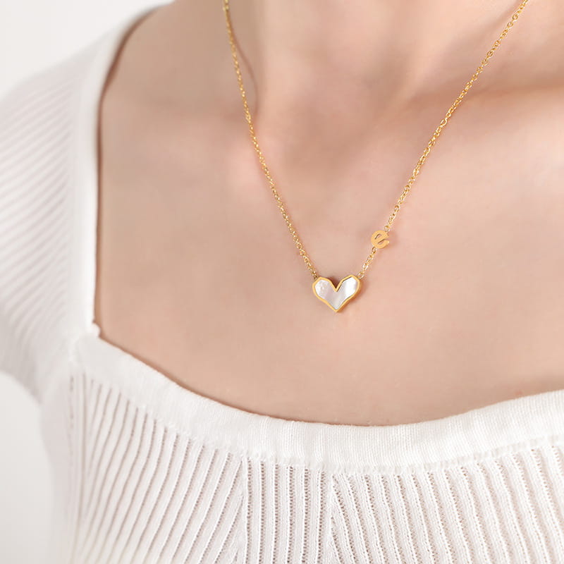 Model wearing gold Puffy Heart & Bubble Initial Necklace, 40+5cm, personalized initial pendant, waterproof stainless steel