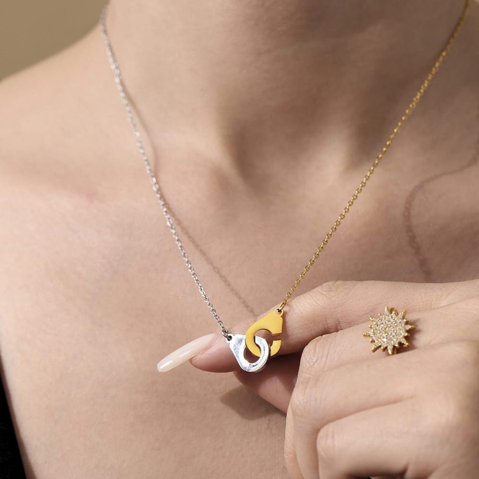 Model Wearing Two-Tone Stainless Steel Handcuff Pendant Necklace 43+5cm