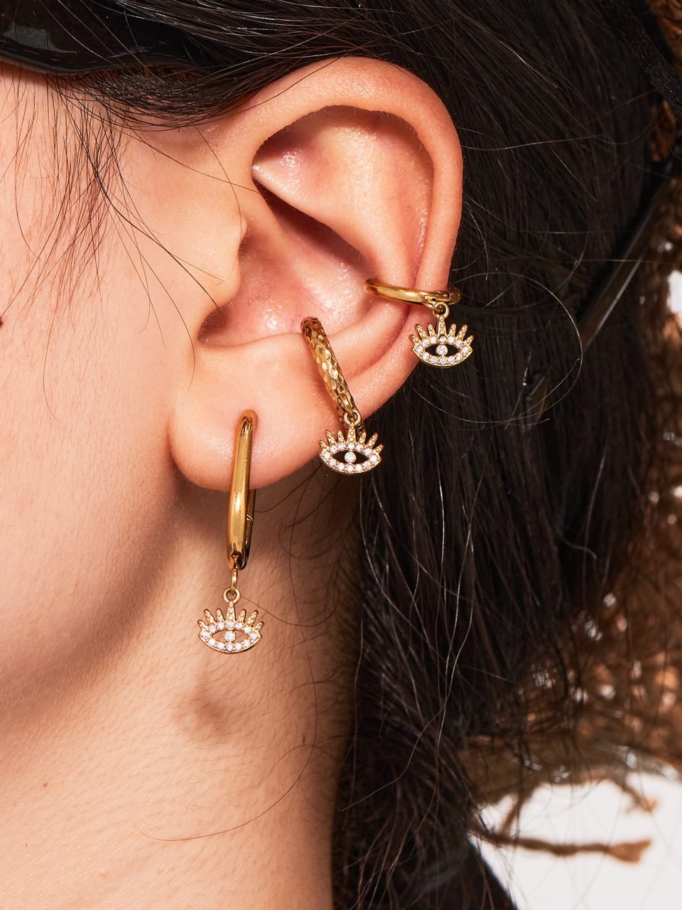 Layered Stainless Steel Evil Eye Earrings – Multiple 18K Gold Plated Hoops