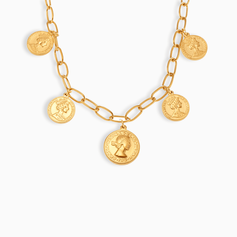 Queen Portrait Coin Pendant Necklace in Gold Stainless Steel, minimalist jewelry
