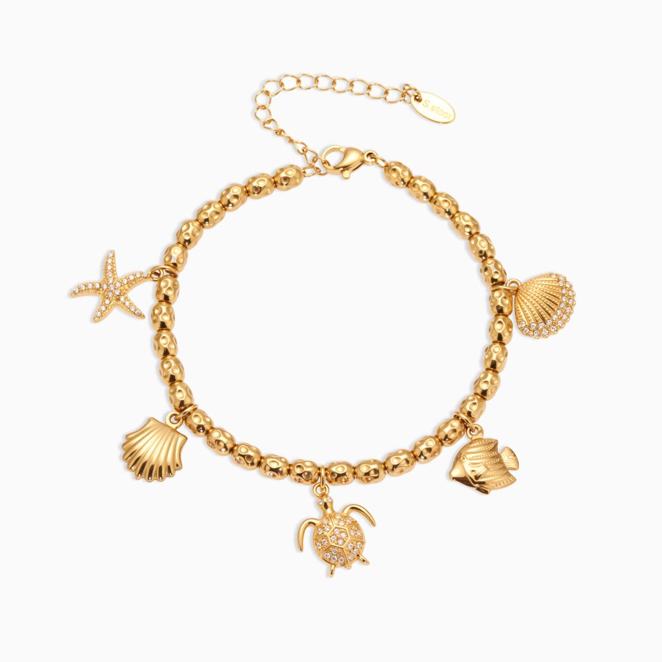 Gold Beaded Stainless Steel Bracelet with Mermaid Tail and Starfish Charm