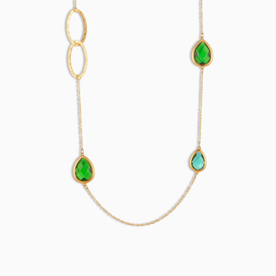 Long stainless steel sea glass necklace with green faceted glass drop pendant – gold finish