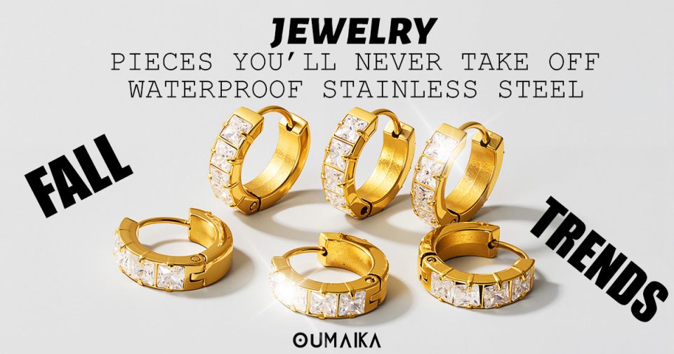 Crystal-accented gold hoops with "Fall Trends" text, Oumaika waterproof stainless steel jewelry